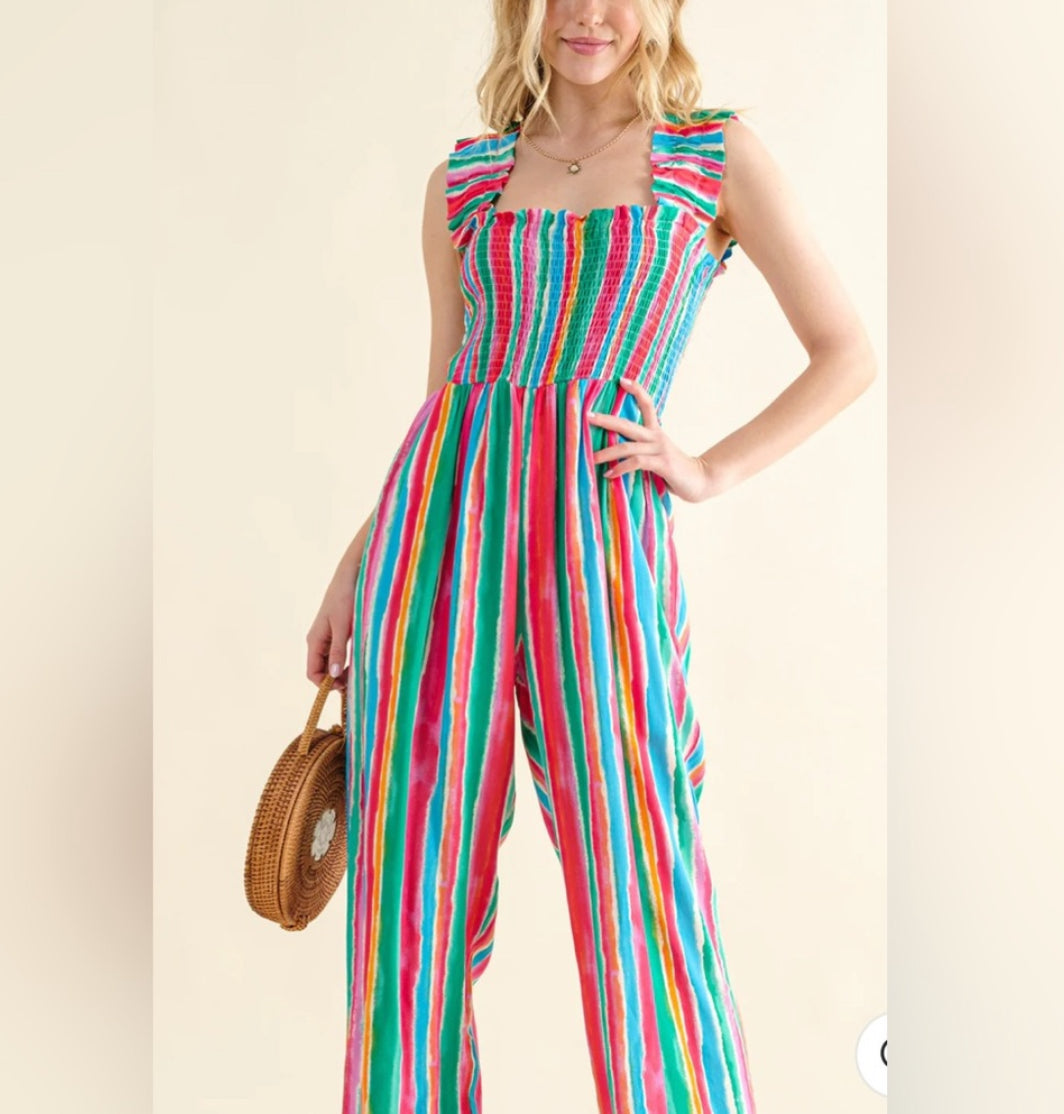Colorful Striped Wide Leg Jumpsuit – Vibrant Summer Outfit for Women