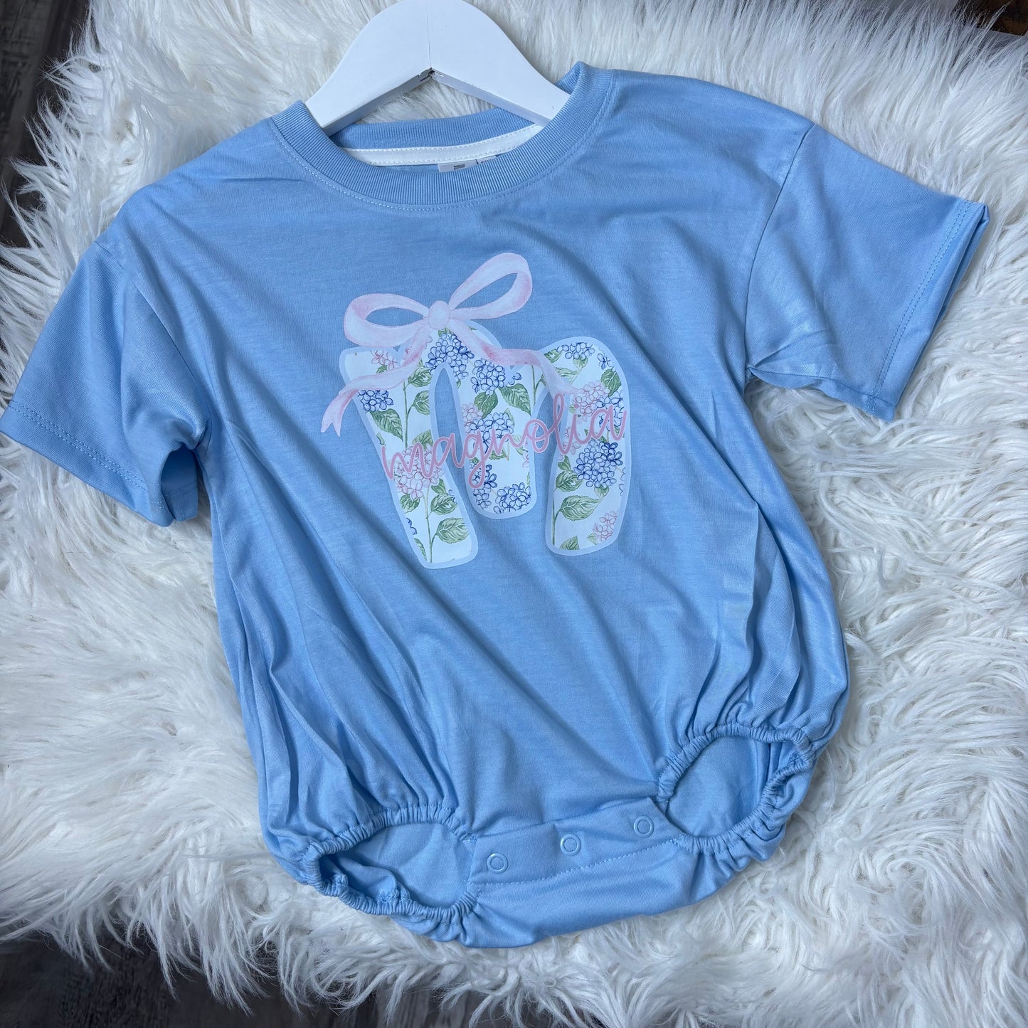 Oversized Baby Baggy Custom Name Floral Hydrangea Design Bubble Romper