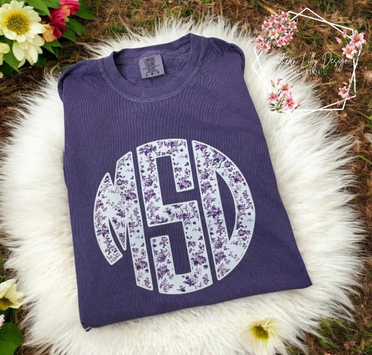 Custom Floral Monogram Comfort Colors Tee – Purple Chinoiserie Initial Shirt