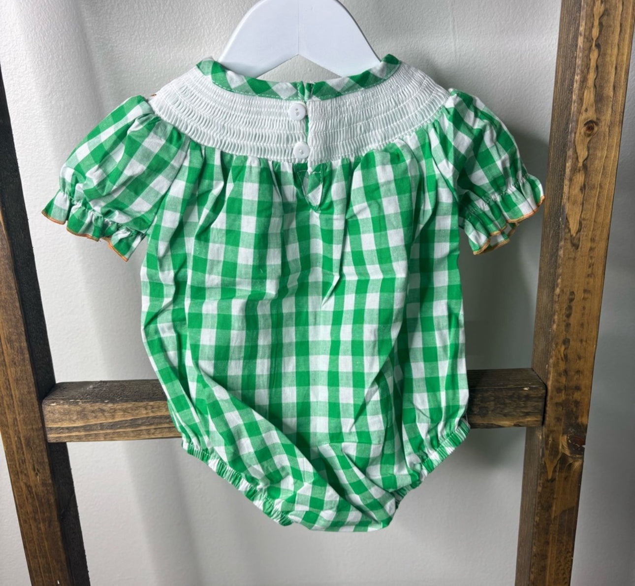 Baby Pumpkin Bubble Romper – Green Gingham Smocked Fall Outfit