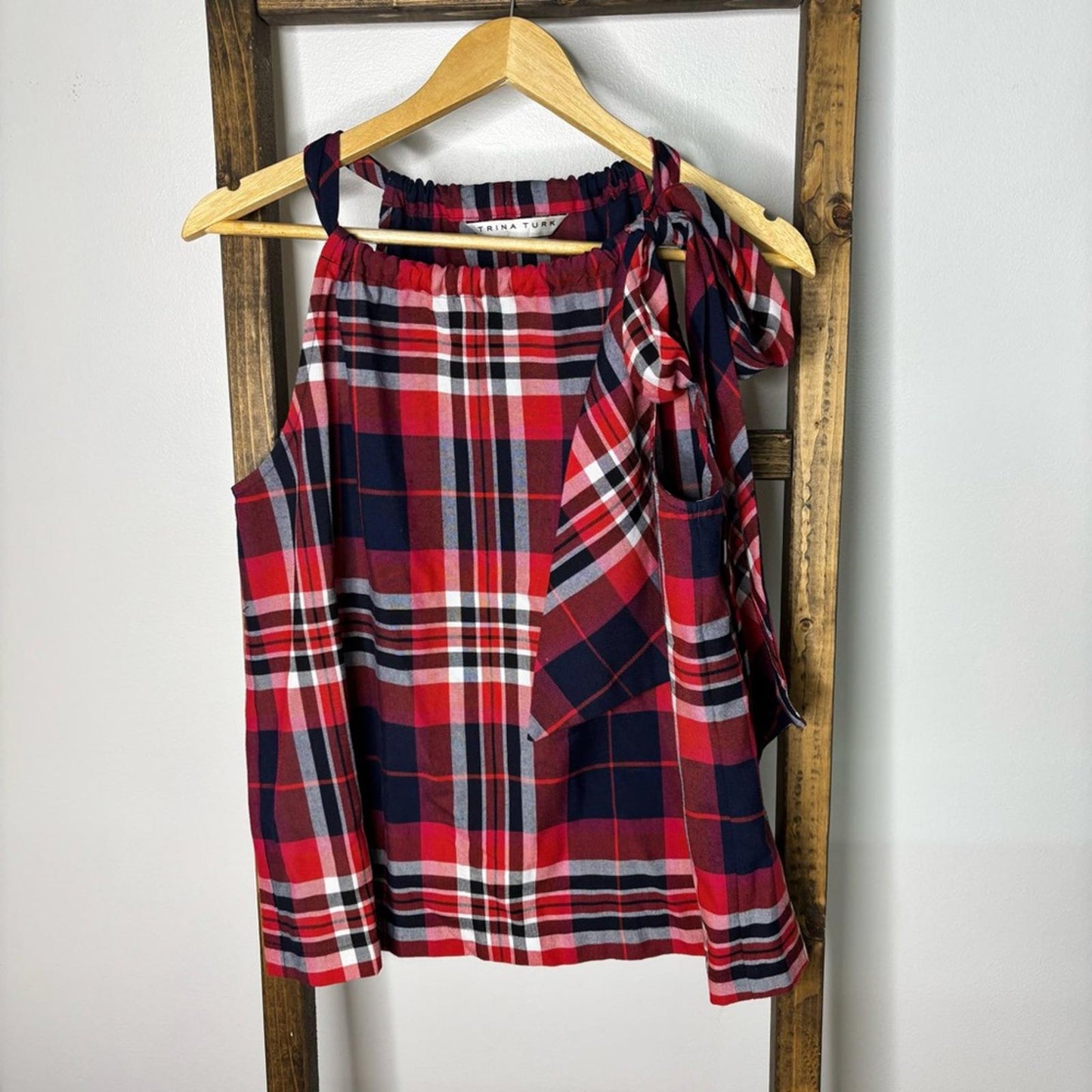 Trina Turk Plaid Halter Top Shoulder Tie Detail