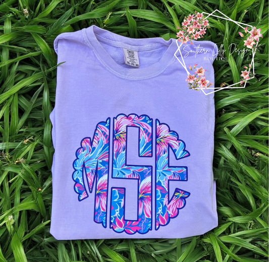 Custom Floral Monogram Comfort Colors Tee – Bright Blues Initial Shirt