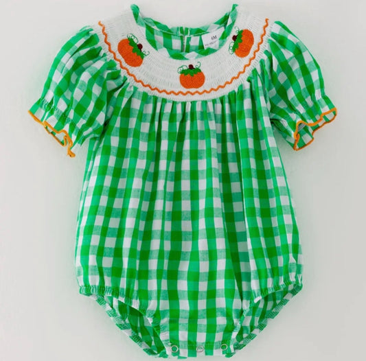 Baby Pumpkin Bubble Romper – Green Gingham Smocked Fall Outfit