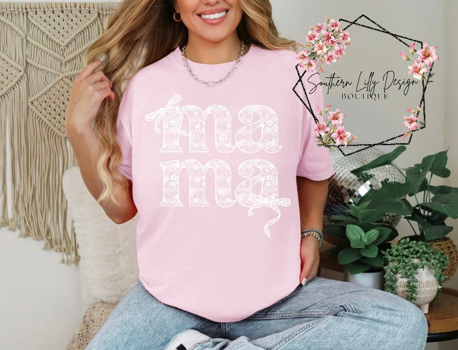 Lace Bow Mama Comfort Colors t-shirt – Trendy Mother’s Day graphic tee in Sage Green, perfect gift for moms