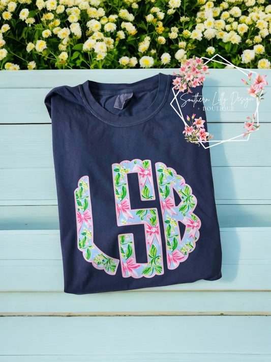 Custom Bows Monogram Comfort Colors Tee – Bright Bow Initial Shirt