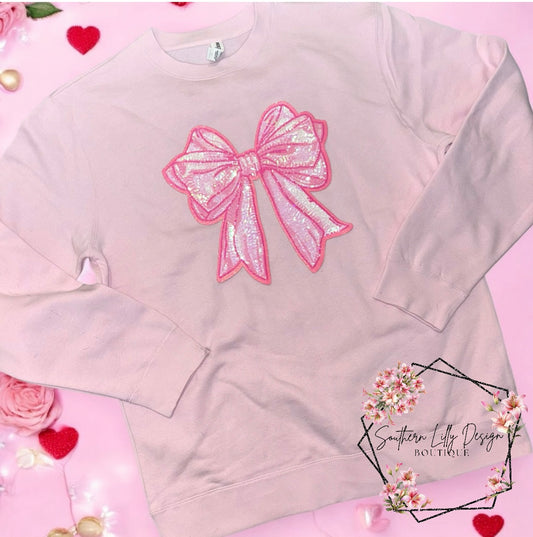Sequin Bow Patch Pullover Crewneck Sweatshirt