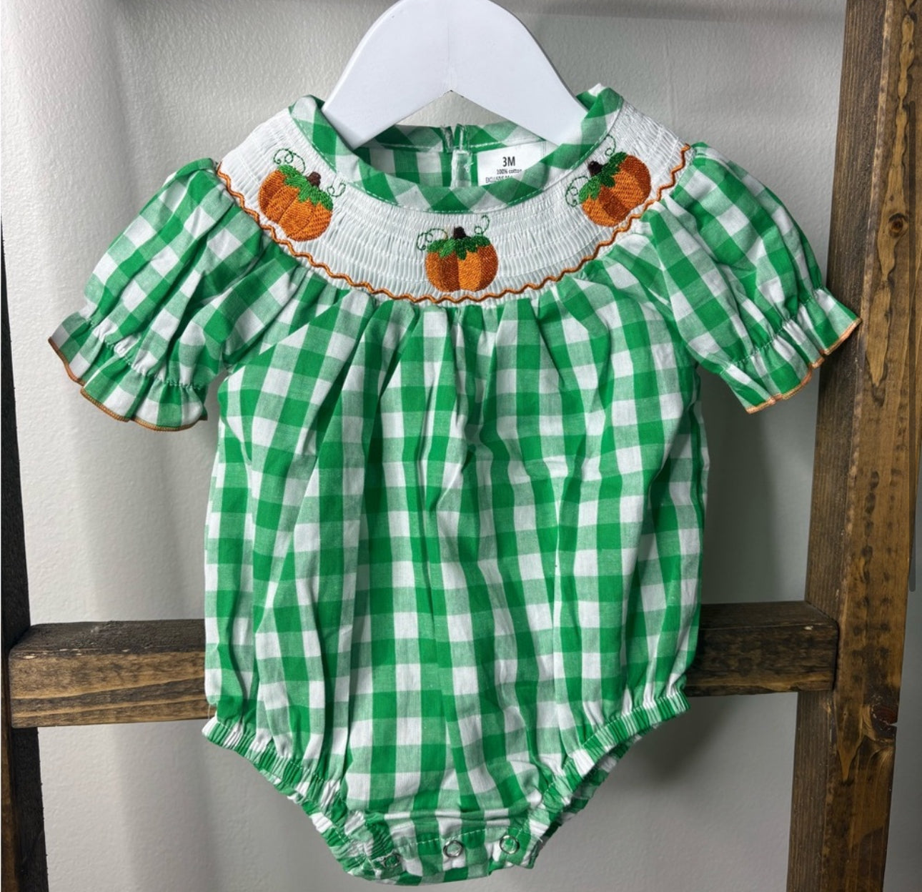 Baby Pumpkin Bubble Romper – Green Gingham Smocked Fall Outfit
