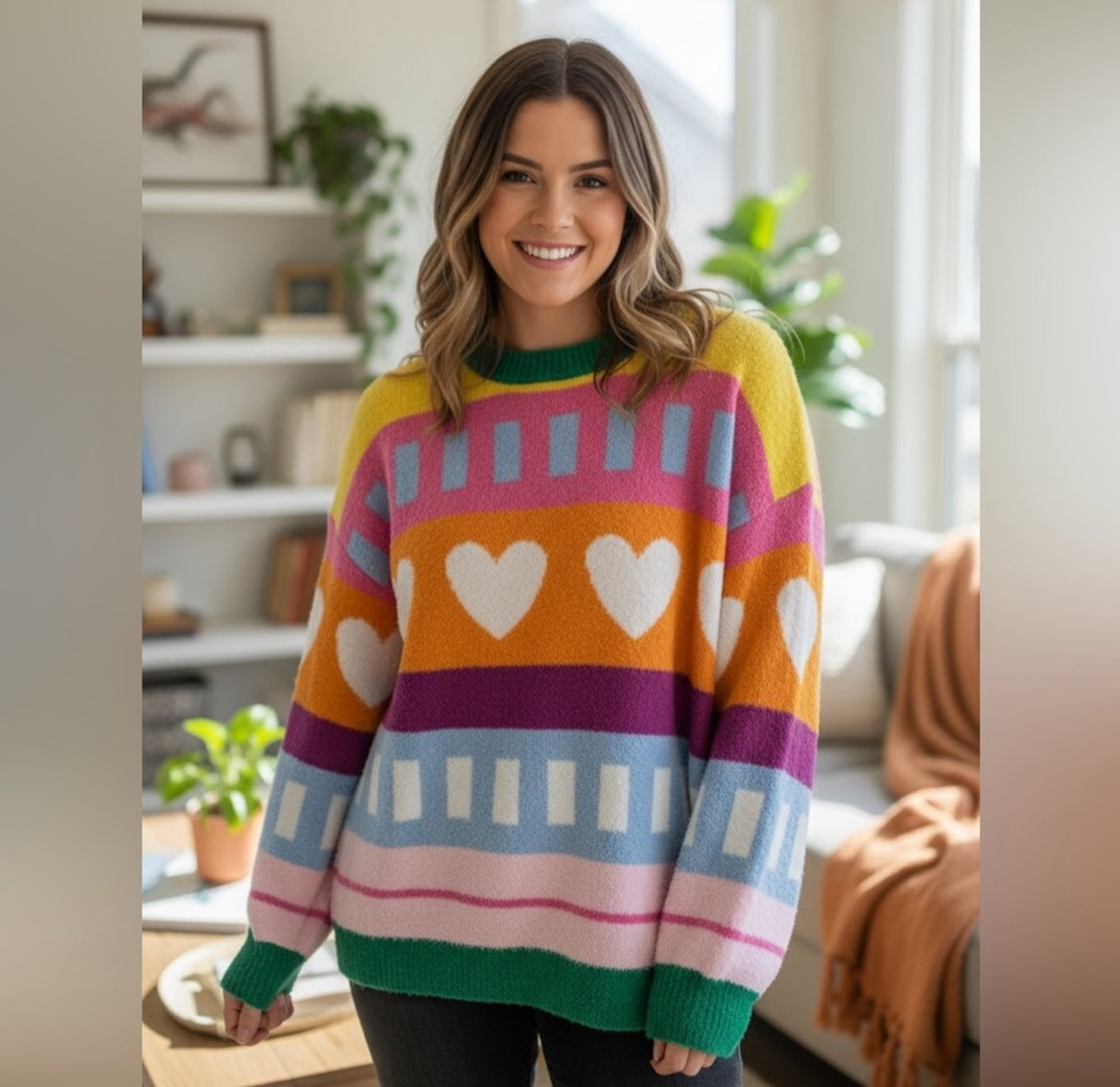 Colorful Heart Knit Sweater Cozy Valentine’s Day Pullover
