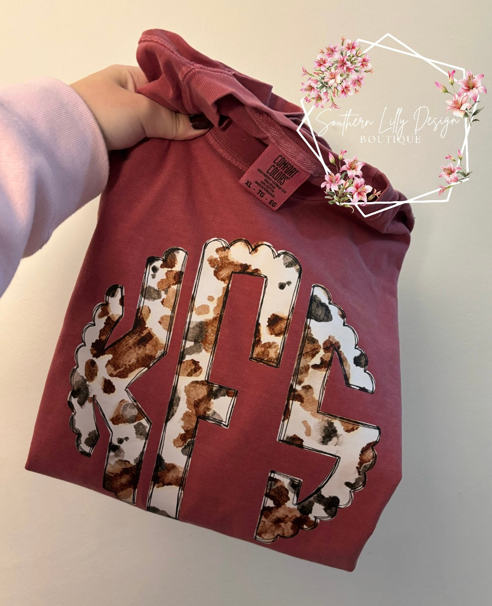 Cow Print Monogram Comfort Colors T-Shirt – Personalized Initial Tee