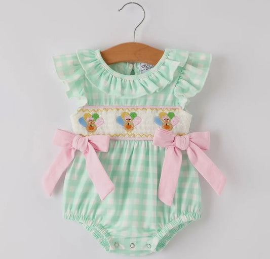 Smocked Gingham Baby Romper with Pink Bows Thanksgiving Turkey Embroidery