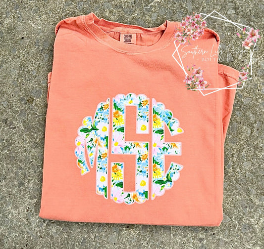 Custom Floral Monogram Comfort Colors Tee – Bright Daisies Initial Shirt