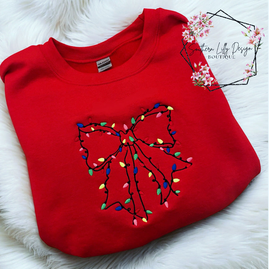 Embroidered Christmas Light Bow Crewneck Sweatshirt
