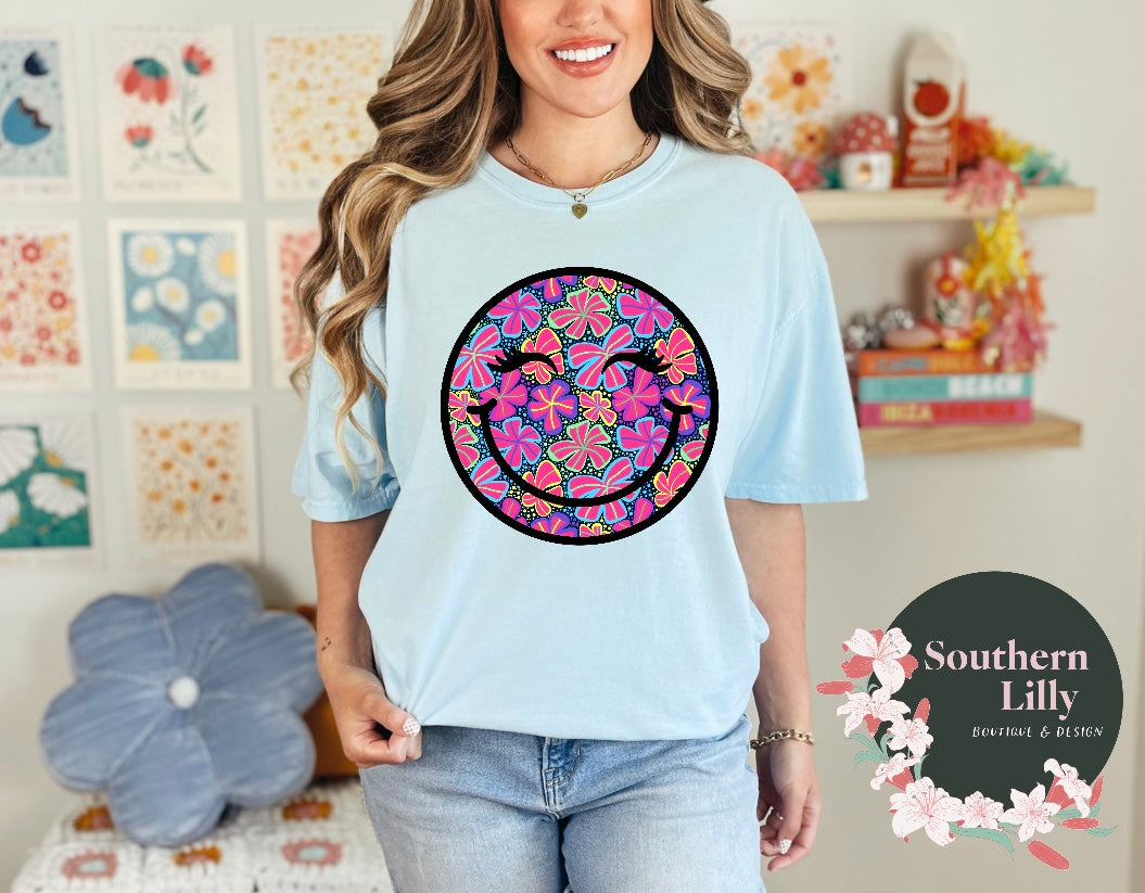 Bright Floral Print Smile Face Comfort Colors T-Shirt