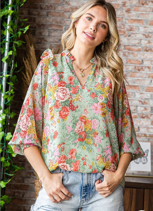 Colorful V-Neck Floral Print Blouse