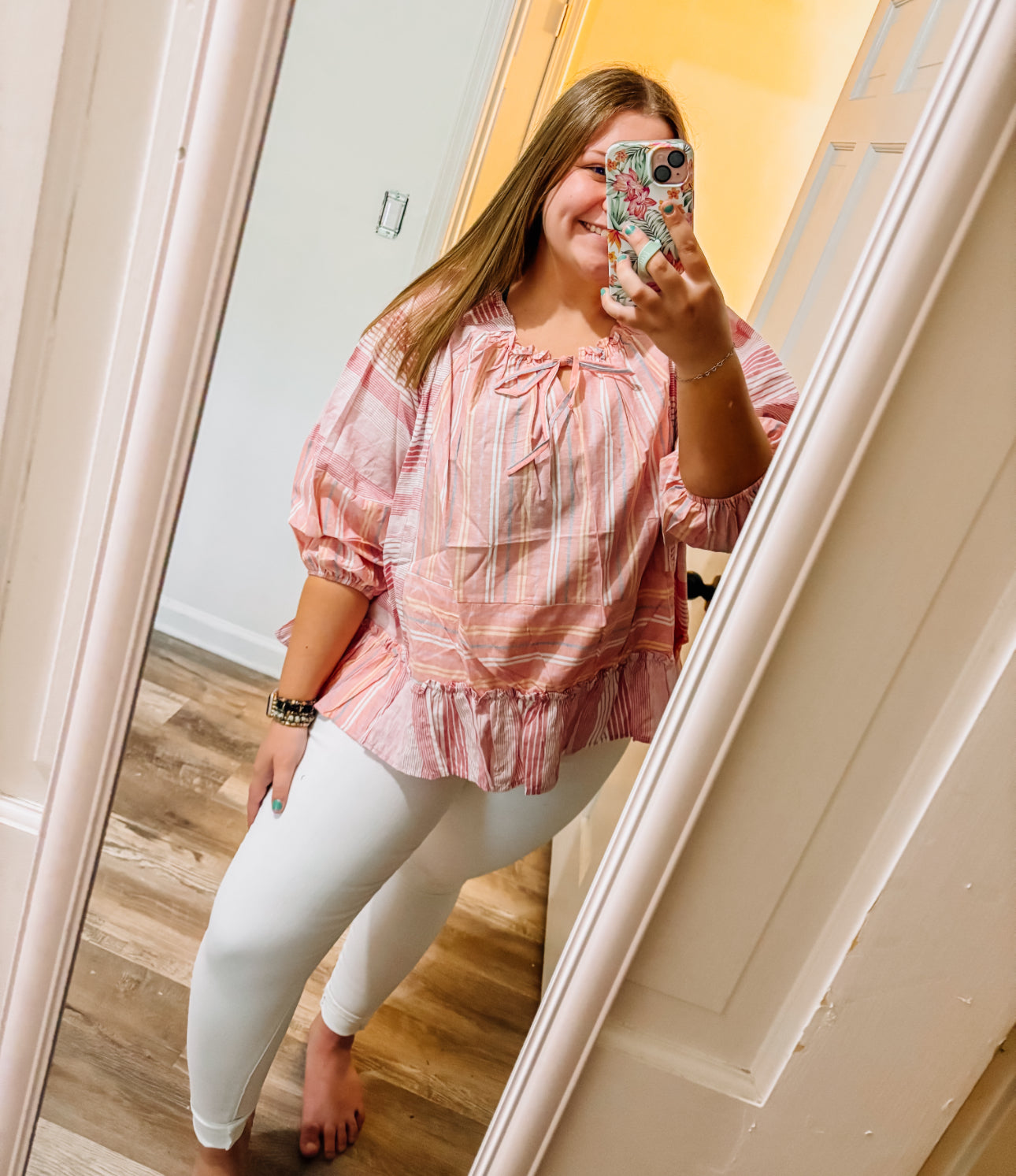 Easel Striped Pink Ruffle Peasant Blouse