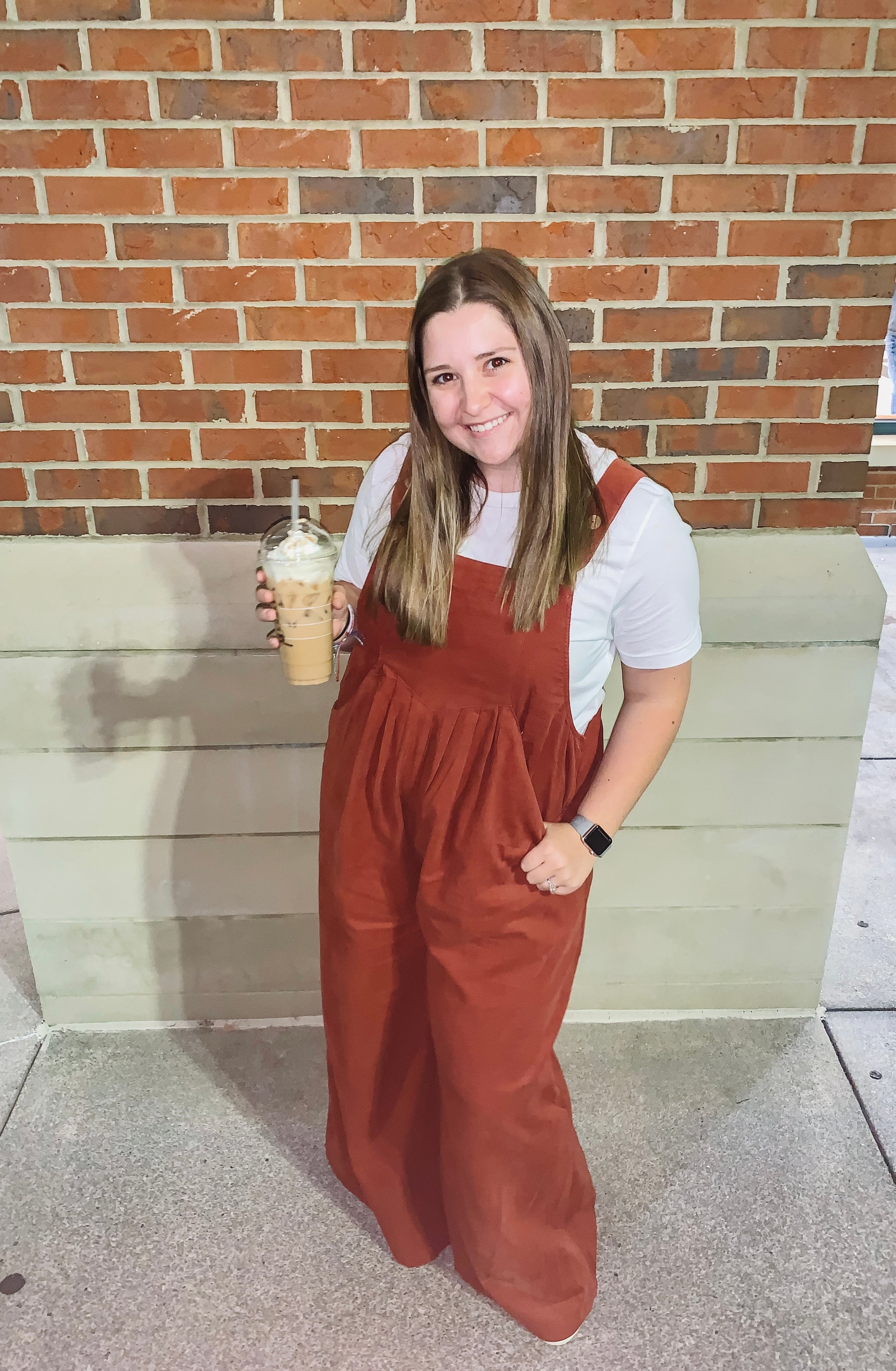 Rust corduroy overalls for women – wide-leg fall jumpsuit with pockets