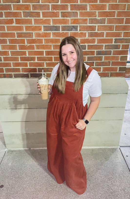 Rust corduroy overalls for women – wide-leg fall jumpsuit with pockets