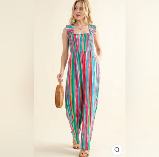 Colorful Striped Wide Leg Jumpsuit – Vibrant Summer Outfit for Women