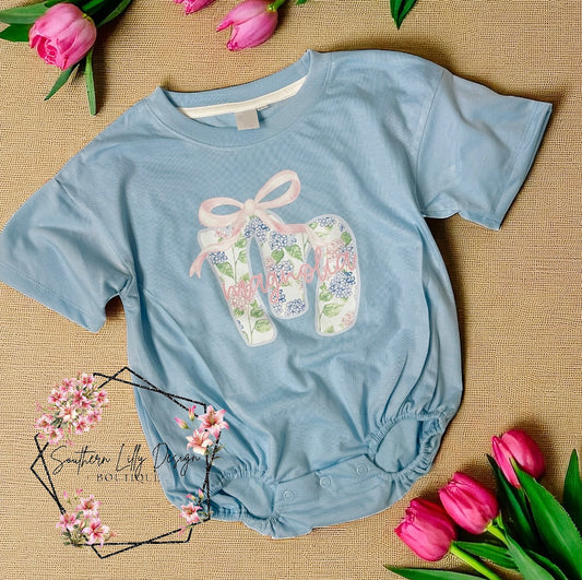 Oversized Baby Baggy Custom Name Floral Hydrangea Design Bubble Romper