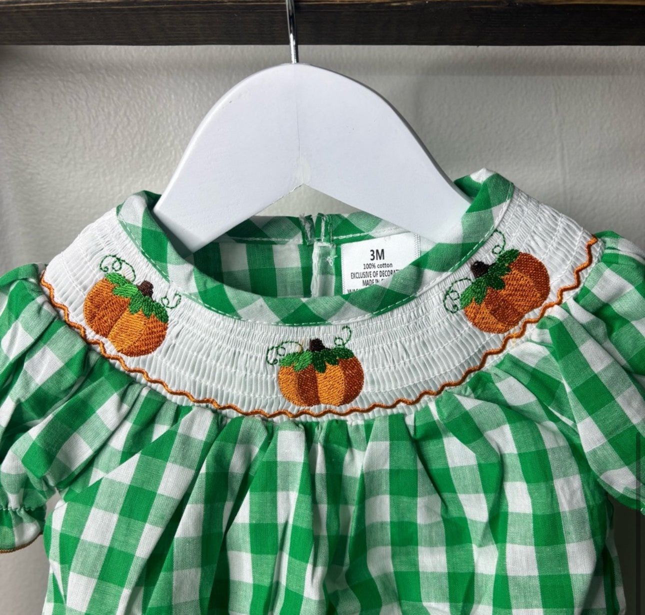 Baby Pumpkin Bubble Romper – Green Gingham Smocked Fall Outfit