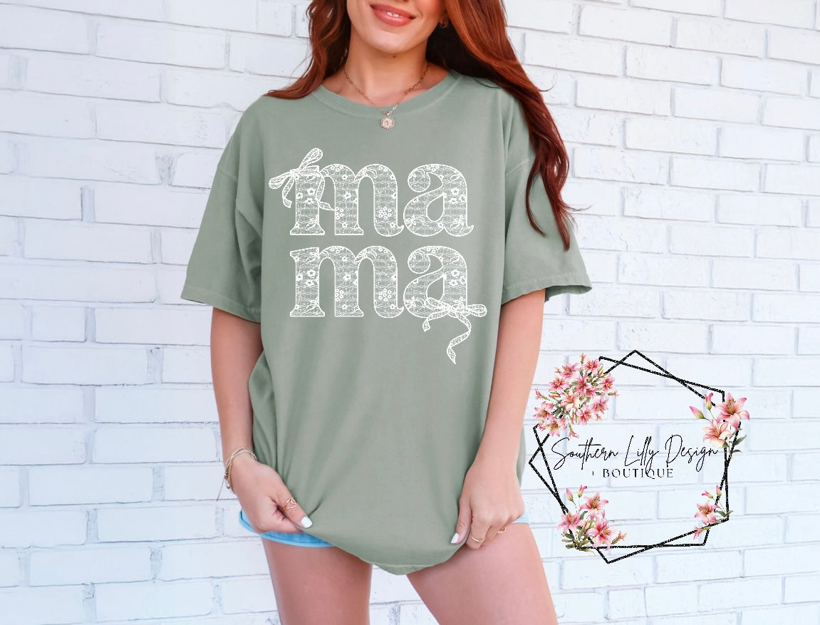 lace bow Mama Comfort Colors t-shirt – Trendy Mother’s Day graphic tee in Sage Green, perfect gift for moms