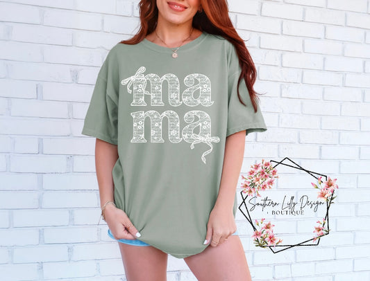 lace bow Mama Comfort Colors t-shirt – Trendy Mother’s Day graphic tee in Sage Green, perfect gift for moms