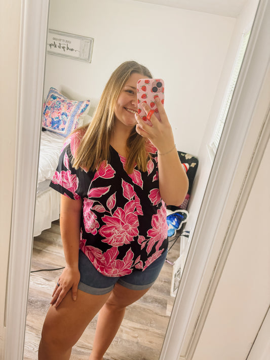Bold Black & Hot Pink Floral V-Neck Top