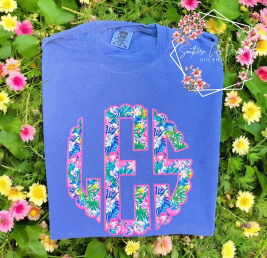Custom Floral Monogram Comfort Colors Tee – Bright Tropical Initial Shirt