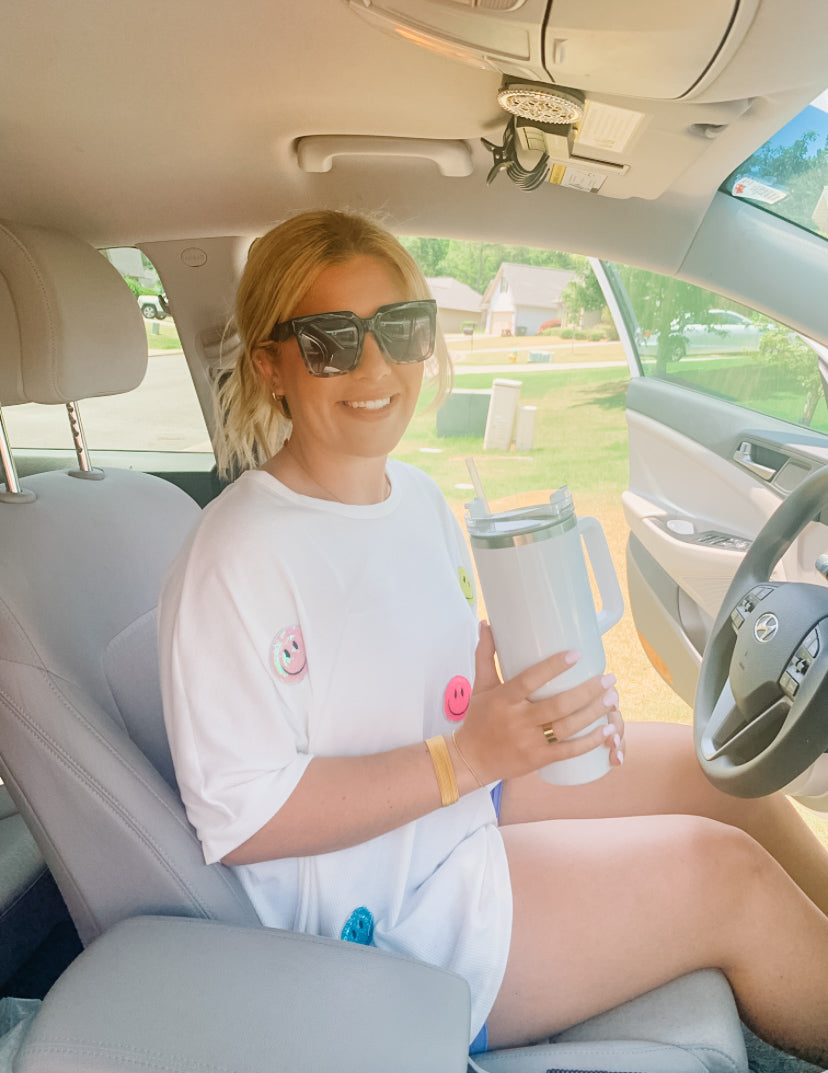 Waffle Knit Sequin Smiley Oversized Top