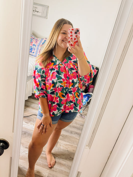 Bright Floral Babydoll Blouse – Bold Spring & Summer Style