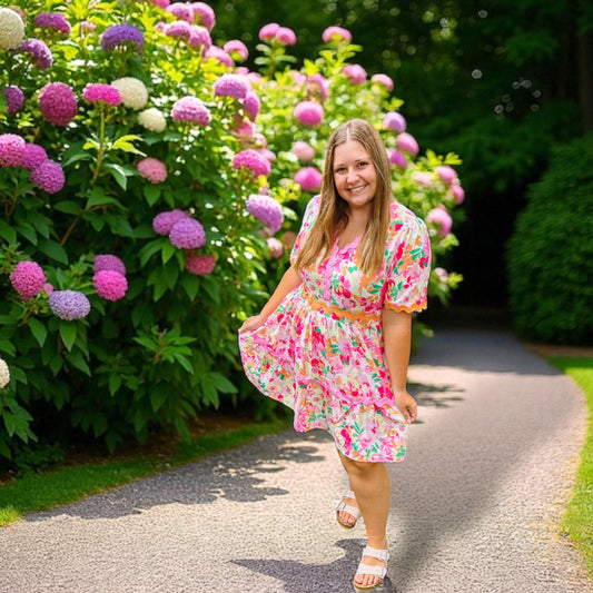 Colorful Floral Ruffle Dress with Scalloped Trim – Perfect for Spring & Summer