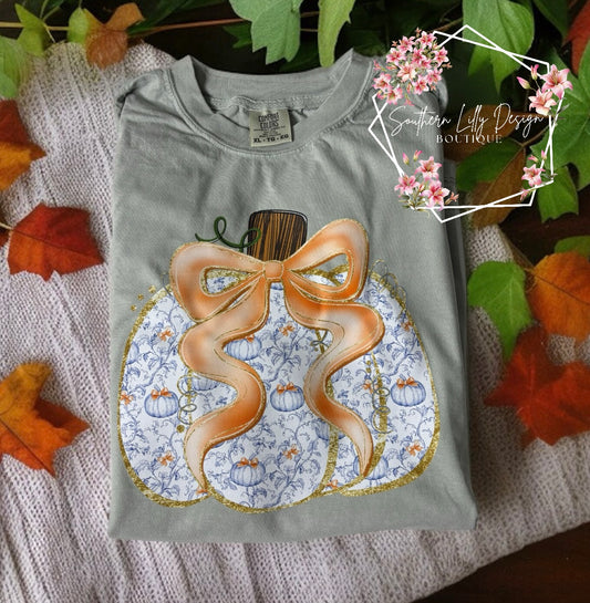 Chinoiserie Pumpkin Bow Tee – Fall Comfort Colors Shirt