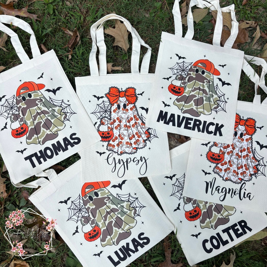 Personalized Kids Halloween Trick-or-Treat Bags – Custom Name Ghost Design