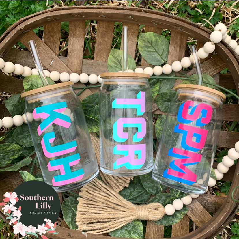 Preppy Block Monogram Glass Coffee Cup With Lid & Straw