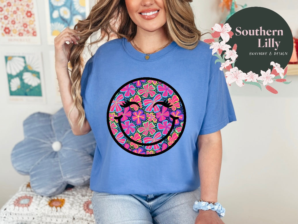 Bright Floral Print Smiley Face Comfort Colors T-Shirt