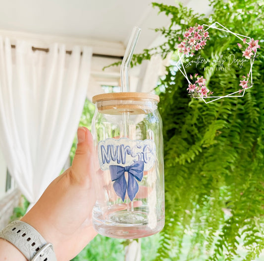 Nurse Coquette Blue Bow 16oz Glass Cup