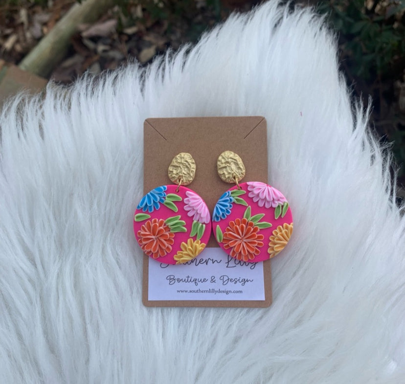 Pink Floral Clay Earrings