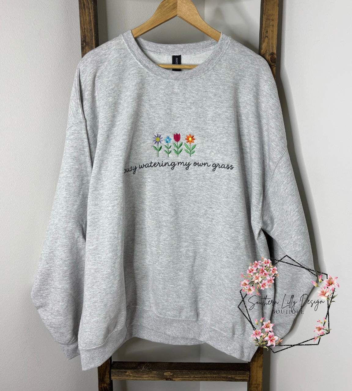 Gildan Busy Watering my Own Grass Gray Crewneck Sweatshirt