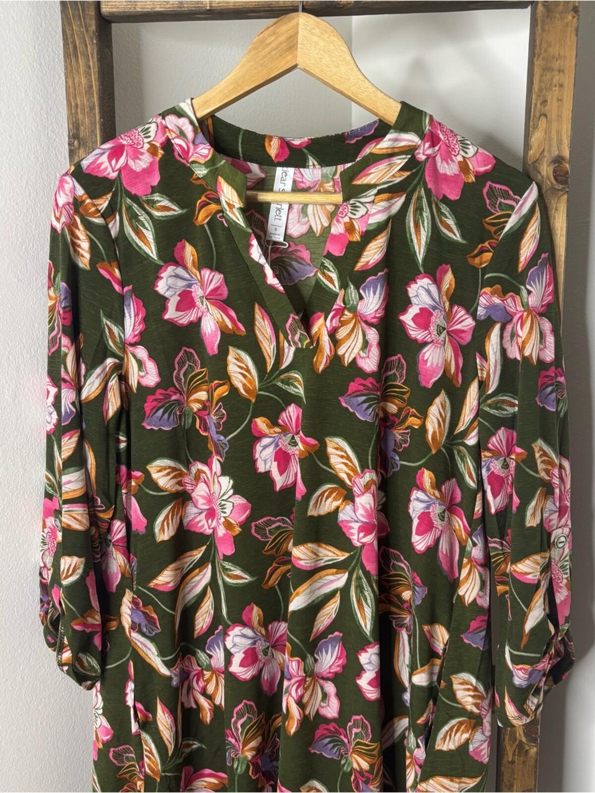 Dear Scarlett Olive Green Floral Shift Dress with Pink Blooms