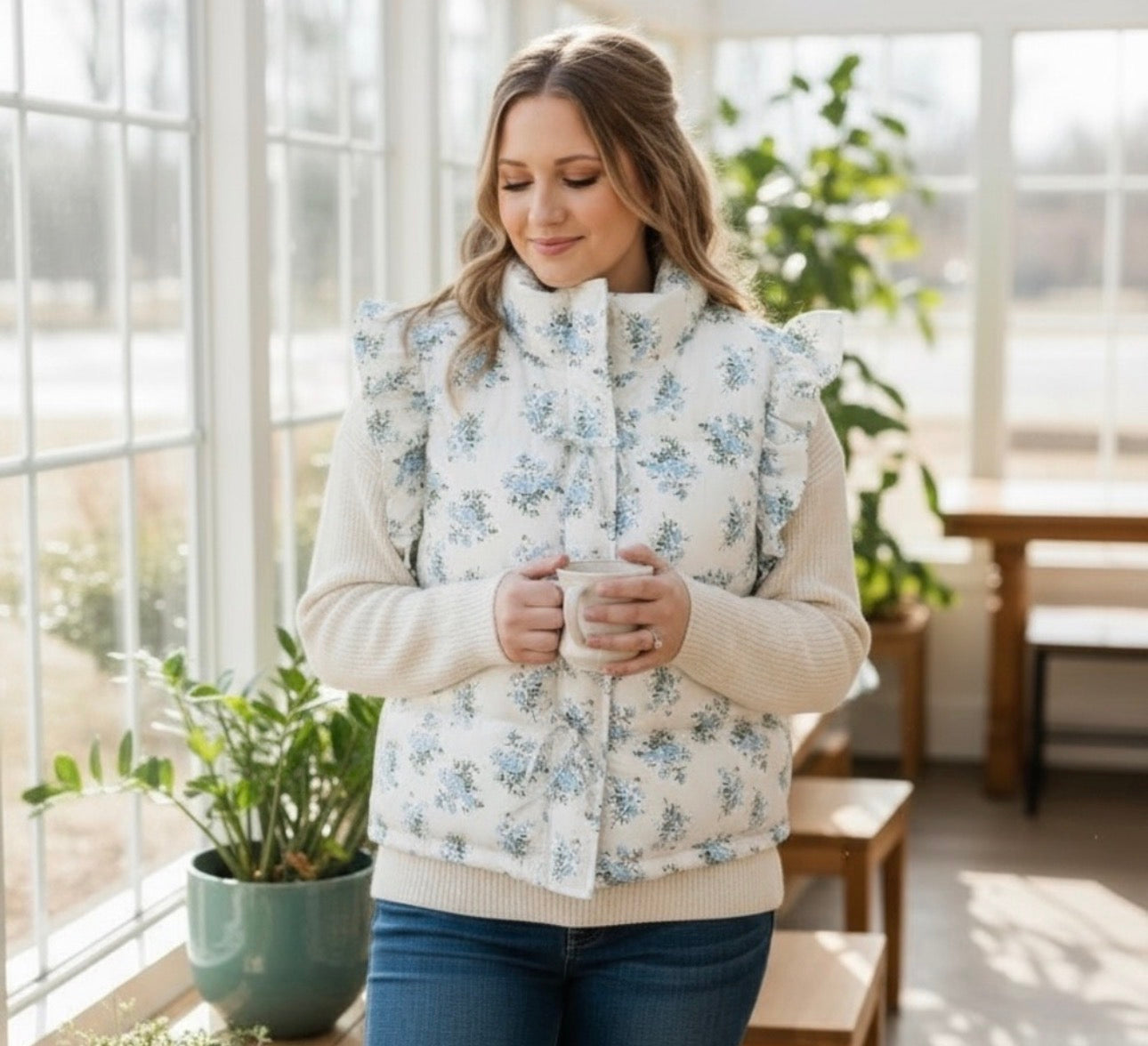 Blue Floral Ruffle Sleeve Puffer Vest