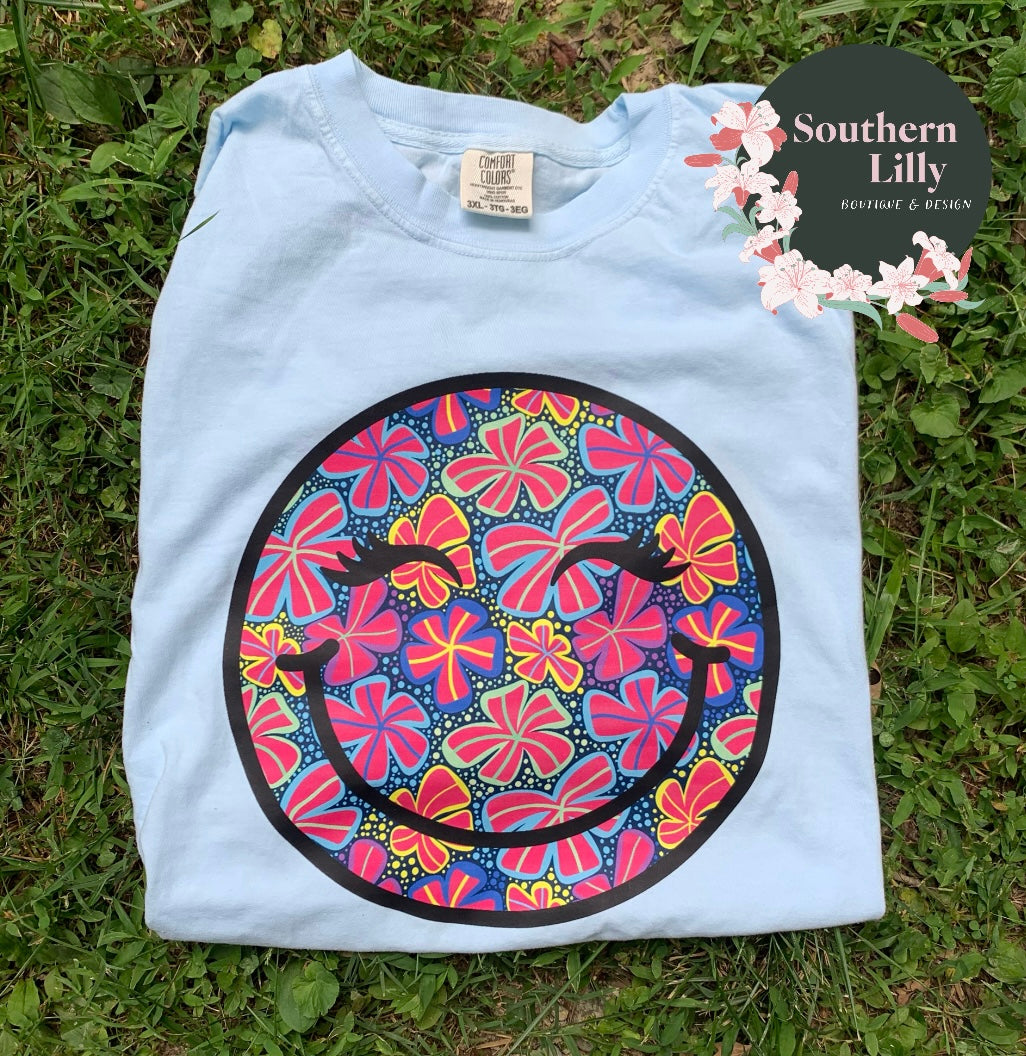 Bright Floral Print Smiley Face Comfort Colors T-Shirt