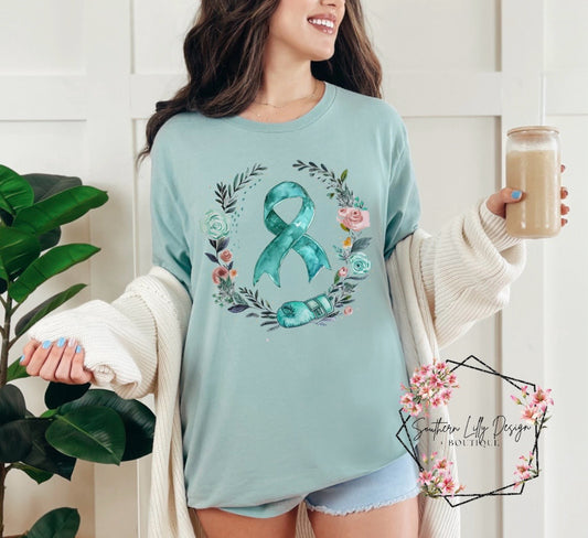 Teal Ribbon Ovarian Cancer Awareness Bella Canvas T-Shirt