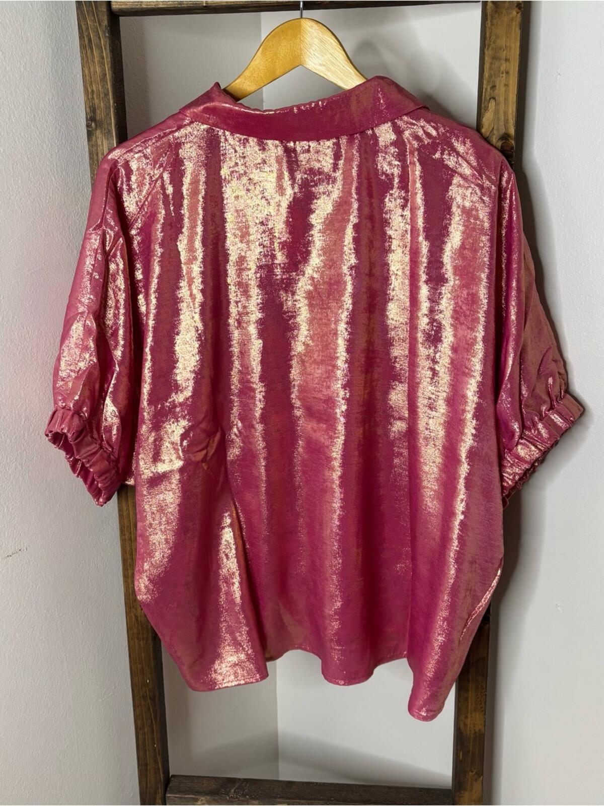 Jodifl Oversized Metallic Pink V-Neck Balloon Sleeve Top