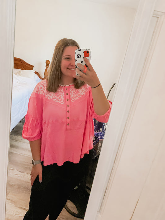 Pink Embroidered Dolman Blouse