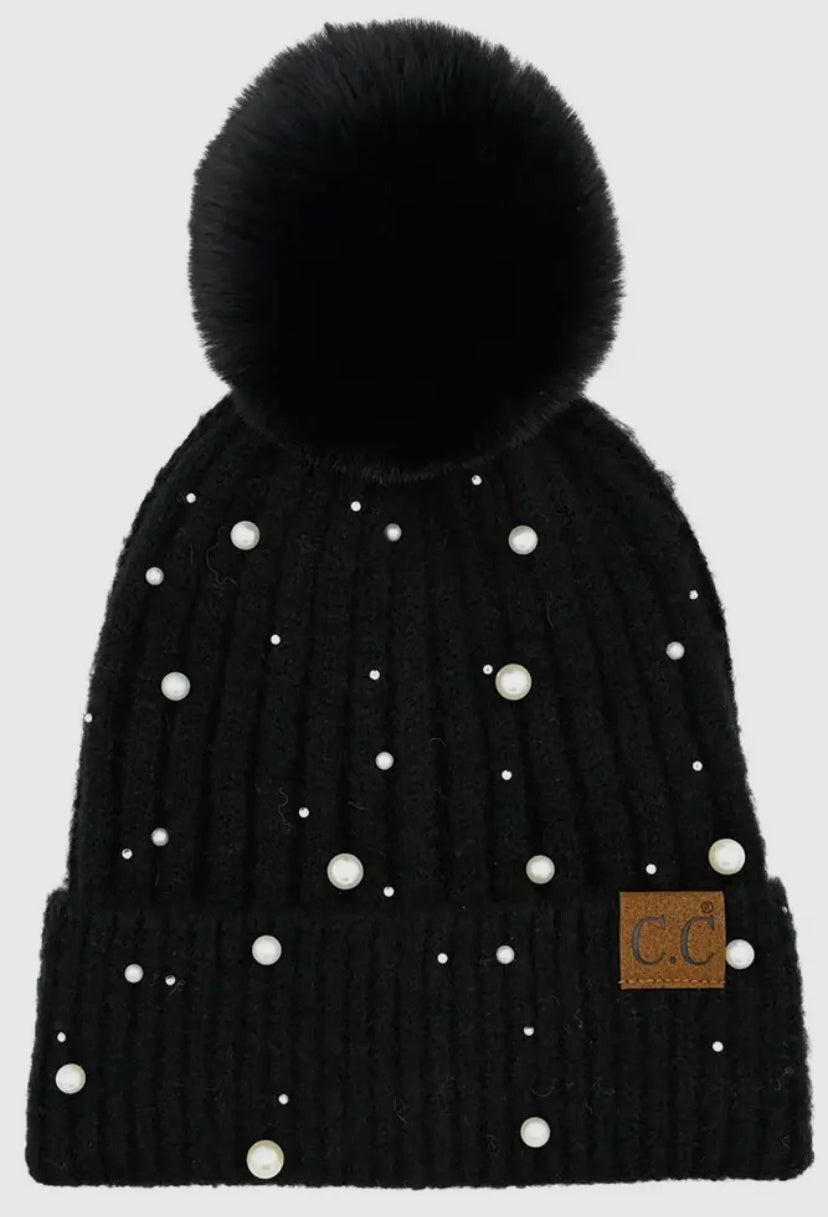 C.C Beanie Fleece Lined Pearl Studded Beanie Hat