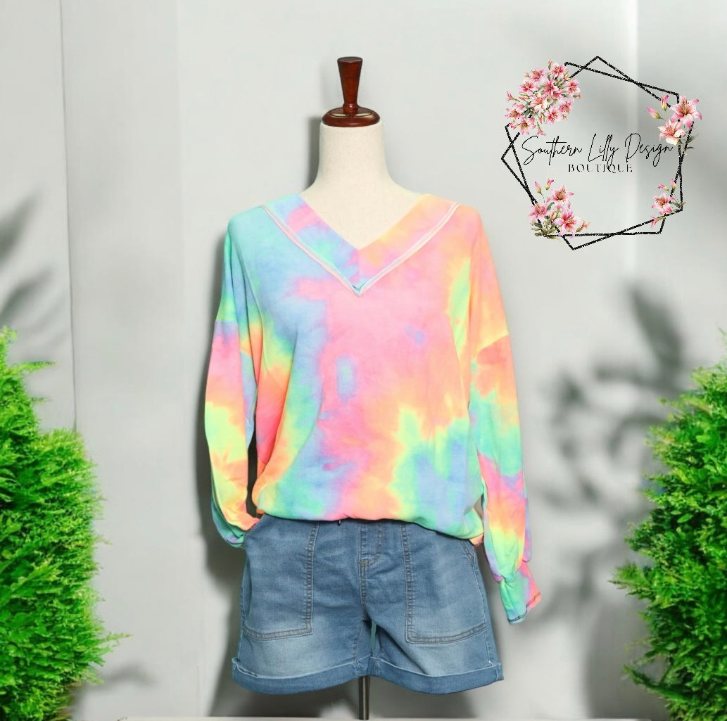 Tie Dye Delight Vibrant V-Neck Top