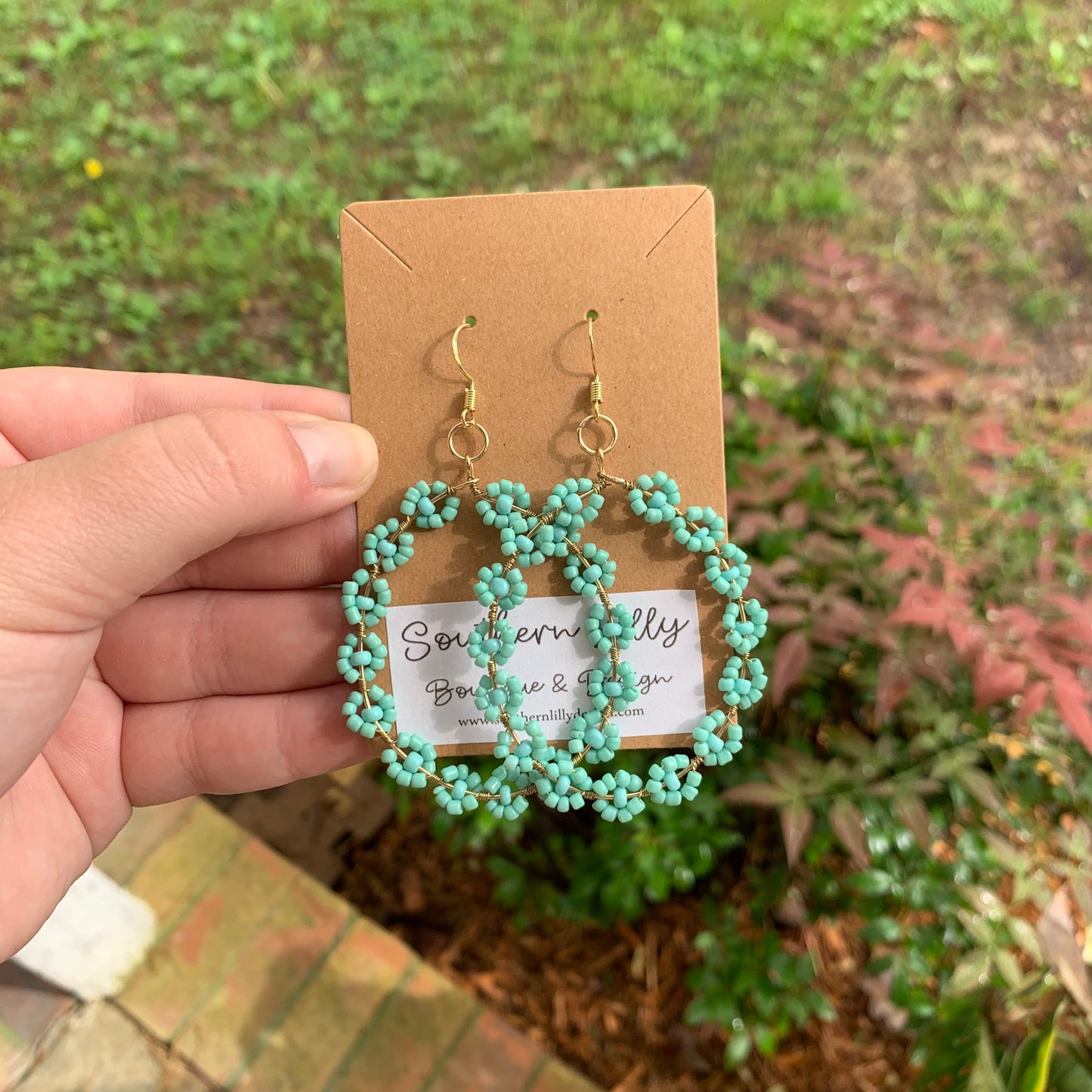 Blue Flower Beaded Earrings