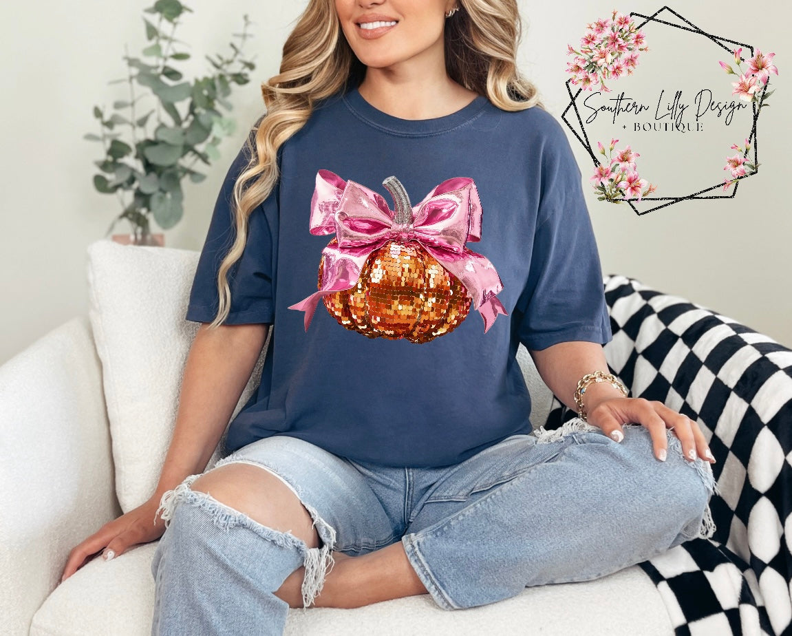 Disco Pumpkin Bow Comfort Colors T-Shirt