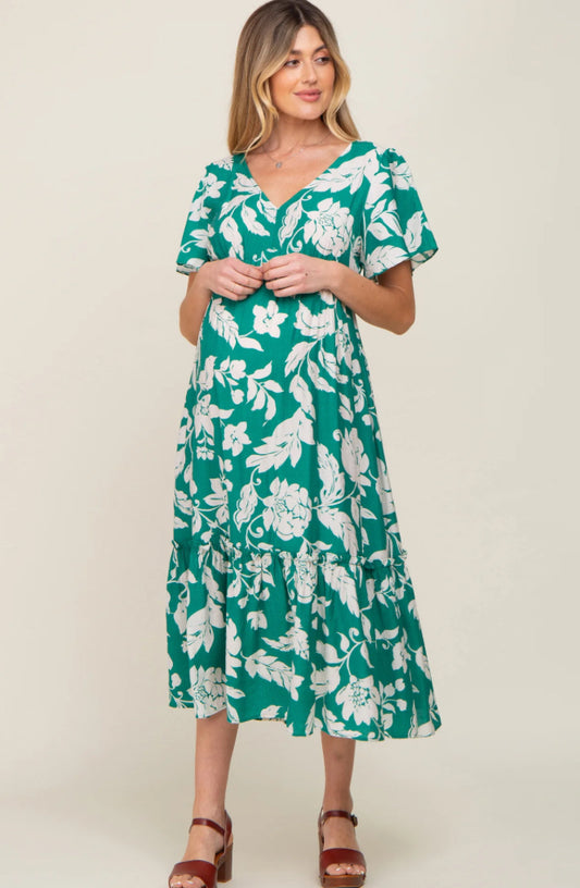 Easel Green Floral Print Midi Dress S