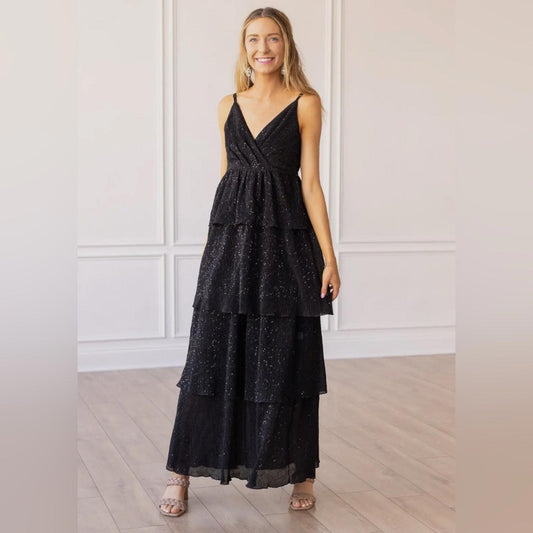 Elegant Black Tiered Maxi Dress Size M